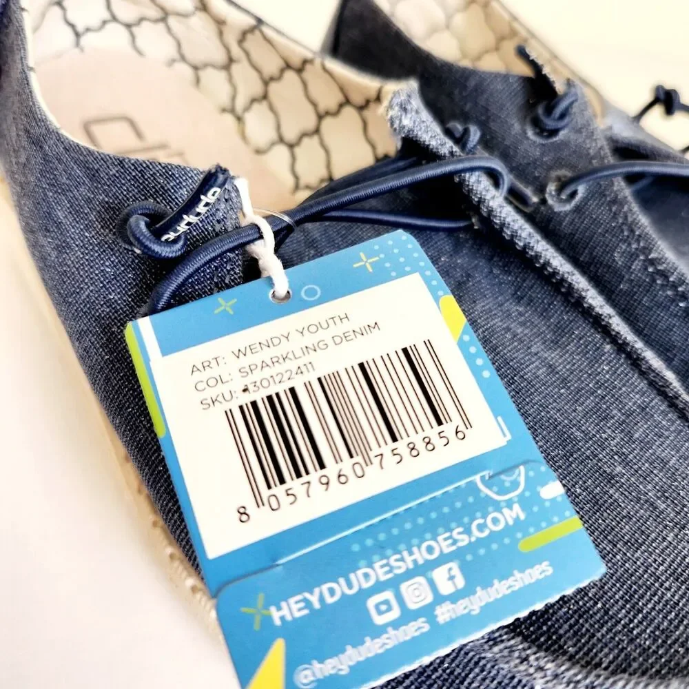 Hey Dude Wendy Girls Comfort Sparkle Denim Blue Slip On Shoes Size Kids 11